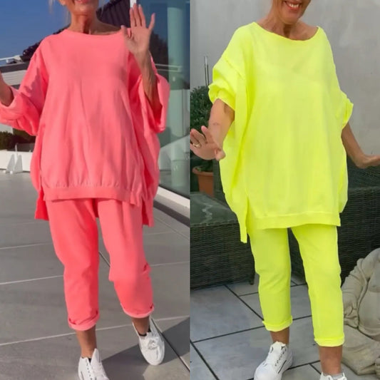 Ronde hals Split Fluorescerende kleur Casual pak voor vrouwen