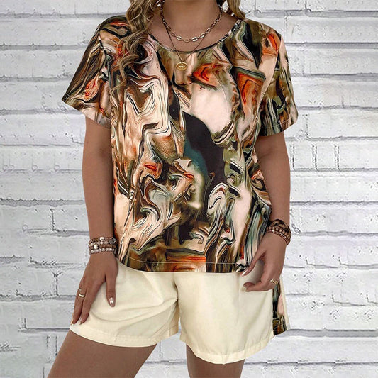 Trendy 2 Piece Set - Print Short Sleeve Tee & Shorts