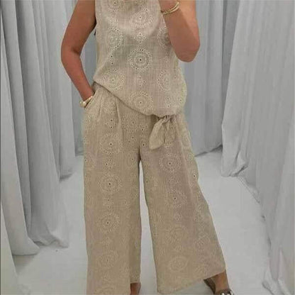 Casual mouwloze top broek met wijde pijpen 2-delige set