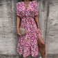 Elegante grote maat jurk met V-hals, bloemen patroon, hoge taille en split