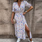 Elegante grote maat jurk met V-hals, bloemen patroon, hoge taille en split