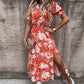 Elegante grote maat jurk met V-hals, bloemen patroon, hoge taille en split