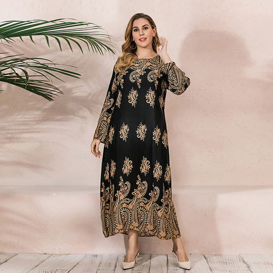 Dames Plus Size Ronde Hals Losse Bedrukte Maxi Jurk