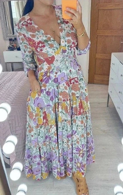 Uitverkoop💃Bloemenprint met tierende zoom Maxi Dress