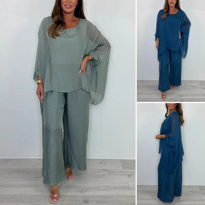 ✨ Vroege zomer nieuwe ✨ ultra-dunne vrouwen elegante casual chiffon top en broek met wijde pijpen set