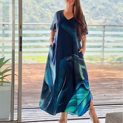 Dames losse casual bedrukte jurk met V-hals en korte mouwen